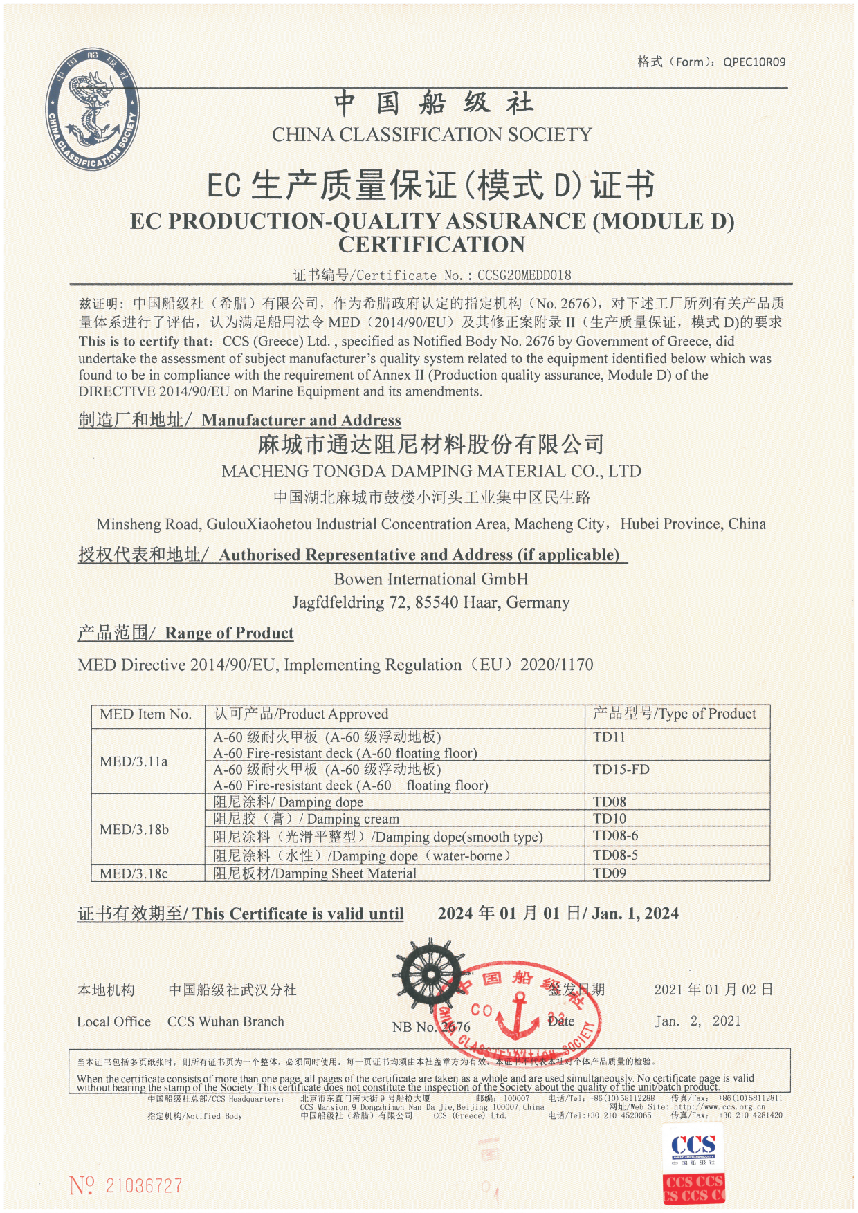 EC Production Quality Assurance (Mode D) certificate